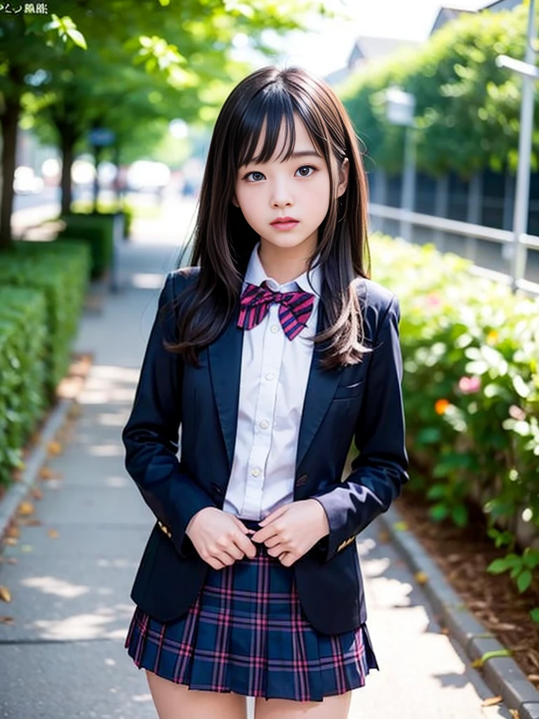 (masterpiece, highest quality:1.4), award-winning portraits, 8K, 85mm, alone, beautiful face, delicate girl, , (dark navy blazer jacket), dark navy skirt, long sleeve, violaces, gardenia, grace, Sophisticated, cute, teen, looking at the viewer, 15 years old, Raw photo, disorganized, HDR, sharp focus, A bow tie, background bokeh、(((flat 、thin and delicate body、A childish atmosphere)))、Her shiny semi-long hair is tied up、hair swaying in the wind、Mole on the left cheek、large, round, dark blue eyes、full body、random pose、Run、sprinting、Skirt fluttering in the wind、Junior idol、Nogizaka Idol、widening skirt、jump、mole under eye、sexy、