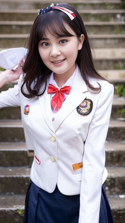 (Girl Standing On School Steps)，charming eyes，heartwarming action，turn away from the camera，raise your head，thick long black hair，highly detailed body，highly detailed face，highest quality、(P私NK Underwear),(high school girl),((white blazer、chest emblem))、(white blouse),((red bow tie)),((navy check flare skirt)),(black stockings)、(smile)