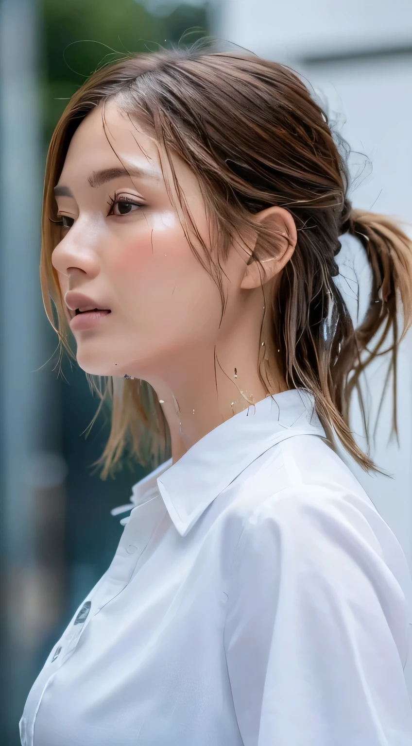 ((highest quality, 8K, masterpiece: 1.3)), sharp: 1.2, perfect body beauty: 1.4, slim abs: 1.2, ((layered hairstyles, big breasts: 1.2)), (Wet White Button Long Shirt: 1.1), (rain, street: 1.2), Wet: 1.5, Highly detailed face and skin texture, fine eyes, double eyelid, profile looking at camera