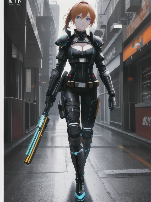 1girl, Sexy Experienced Cyberpunk Agent, ((32year old, dressed in a tight futuristic sci-fi bodysuit, cleavage, utility belt, armor, boots, medium breasts, short orange hair, pony tail styled hair, light skin, natural makeup, athletic body:1.3, detailed blue eyes:1.5, looking fiercely at the viewer:1.3, holding two pistols with both hands:1.2)) heroic pose, full-length, full body, fight scene, full-length, super face detail, Very detailed, 8k, dark tone, dark shadow, glow in the dark, game color correction, (HDR, UHD, k, best quality, RAW photo, best quality, masterpiece: 1.5), UHD, hd, k, hyperrealism, very detailed, hyperrealism, very detailed, in hyper-realistic detail, hyper-realistic full-body detail, high detailed, digital painting, trending on artstation, HD quality
