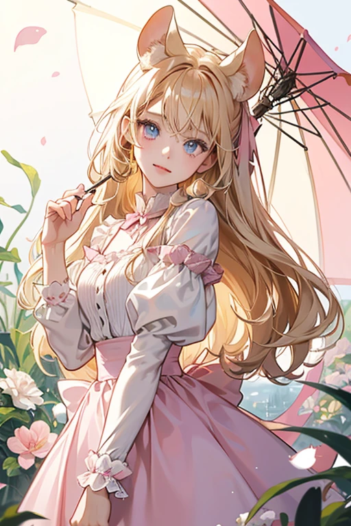 Carmen is a pink mouse with golden-blonde hair. The lower part of her face is a white-yellow color. She has light pink ear innards, white tail stripes, and the ends of her arms are white. She is similar in appearance to Candi. In Animal Forest, she is a darker pink color, her ear innards are light blue, her eyes are different, and her hair is darker. She initially wears the ribbon shirt, and carries the petal parasol on rainy days. SPARKLE; GLITTER