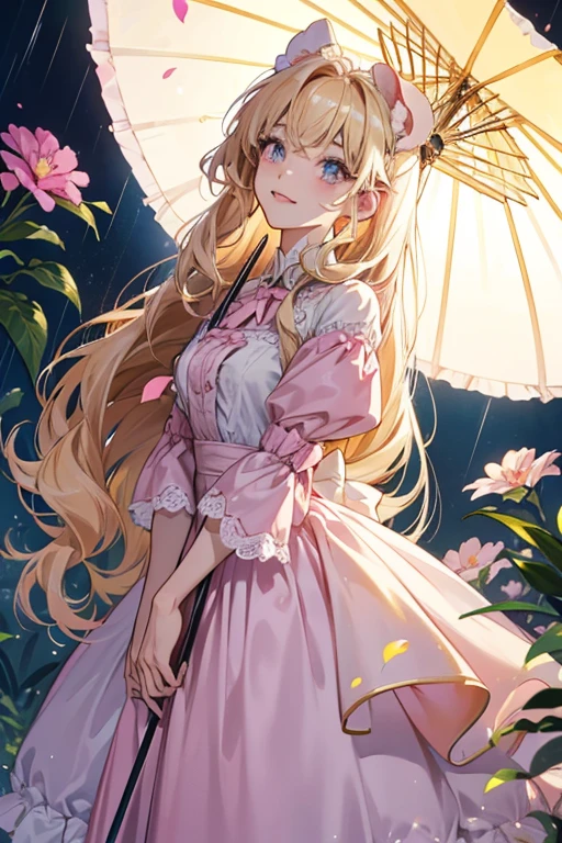 Carmen is a pink mouse with golden-blonde hair. The lower part of her face is a white-yellow color. She has light pink ear innards, white tail stripes, and the ends of her arms are white. She is similar in appearance to Candi. In Animal Forest, she is a darker pink color, her ear innards are light blue, her eyes are different, and her hair is darker. She initially wears the ribbon shirt, and carries the petal parasol on rainy days. SPARKLE; GLITTER