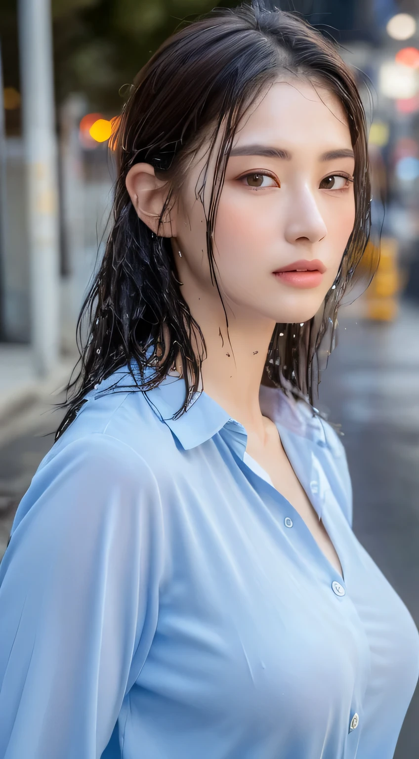 ((highest quality, 8K, masterpiece: 1.3)), sharp: 1.2, perfect body beauty: 1.4, slim abs: 1.2, ((layered hairstyles, big breasts: 1.2)), (Wet White Button Long Shirt: 1.1), (rain, street: 1.2), Wet: 1.5, Highly detailed face and skin texture, fine eyes, double eyelid, profile looking at camera