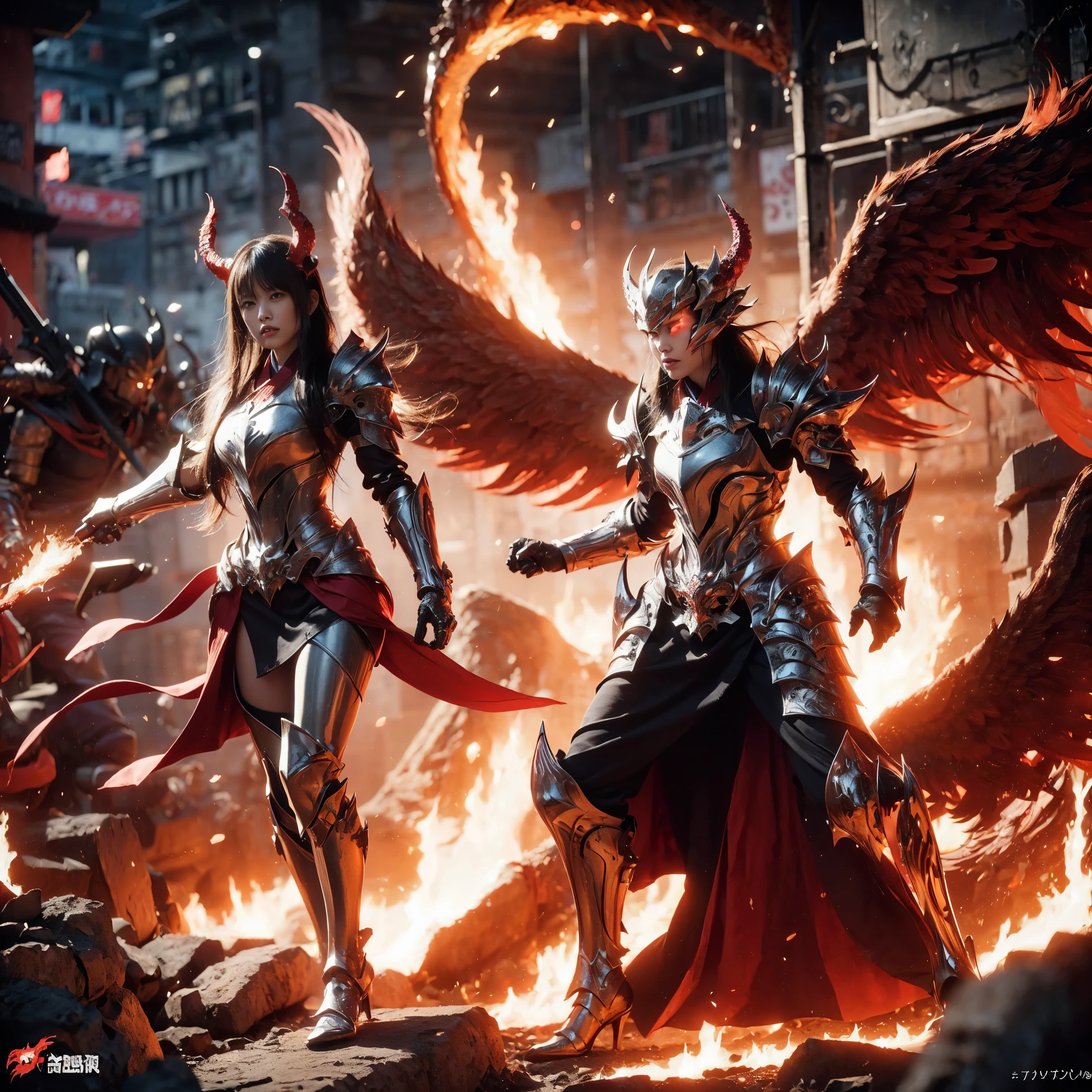 (((Realistic, masterpiece, best quality, crisp detail, high definition, high detail, very rich detail, sharp focus, sharp detail, colorful, rich color, perfect studio lightning))), ((20 years old, japanese goddess of hell, kasumi arimura)),(((in the middle of war, epic war scene))), wearing (((beautiful decorated golden heavy armor, phoenix armor, phoenix tails, decorated full body armor, fully armored beautiful kimono, wide colorful phoenix wings, blue aura))), (flying, floating, air attack stance, burning hands, holding fantasy weapon, blood scattered face, blood tears, blood bath, blood shed), (((fire everywhere, blood everywhere, death everywhere, japan bakumatsu period, dead bodies,carcass,burned japanese castle,hellish,chaos, hell fire, infernal molten lava land, erupting volcano)) burned traditional village background), shot from below