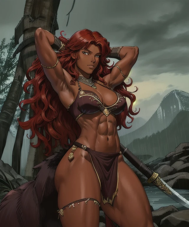 (((8k, ultra quality)), ((masterpiece))) woman, (dark skin:1.3), (perfect face), defined jawline, beautiful lips,  (long red flowing wavy hair), (perfect anatomy), (athletic body), (sexy)(small breasts), (thick thighs), (perfect hands), (beautiful smirk, cute serious facial expression), (beautiful bright red eyes), (long flowing red hair), (perfect anatomy), (perfect female figure), (athletic body), (sexy), (smooth abs), smooth armpits, (wearing barbarian outfit), (wolf pelt), (arms wielding two swords),  looking at viewer, (POV from below), (medium full shot photograph), (tropical rain forest background), anime style