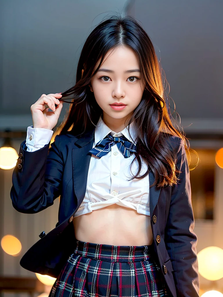 (masterpiece, highest quality:1.4), award-winning portraits, 8K, 85mm, alone, beautiful face, delicate girl, , (dark navy blazer jacket), dark navy skirt, long sleeve, violaces, gardenia, grace, Sophisticated, cute, teen, looking at the viewer, 15 years old, Raw photo, disorganized, HDR, sharp focus, A bow tie, background bokeh、(((flat 、thin and delicate body、A childish atmosphere)))、Her shiny semi-long hair is tied up、hair swaying in the wind、Mole on the left cheek、large, round, dark blue eyes、full body、random pose、Run、sprinting、Skirt fluttering in the wind、Junior idol、Nogizaka Idol、widening skirt、jump、mole under eye、sexy、