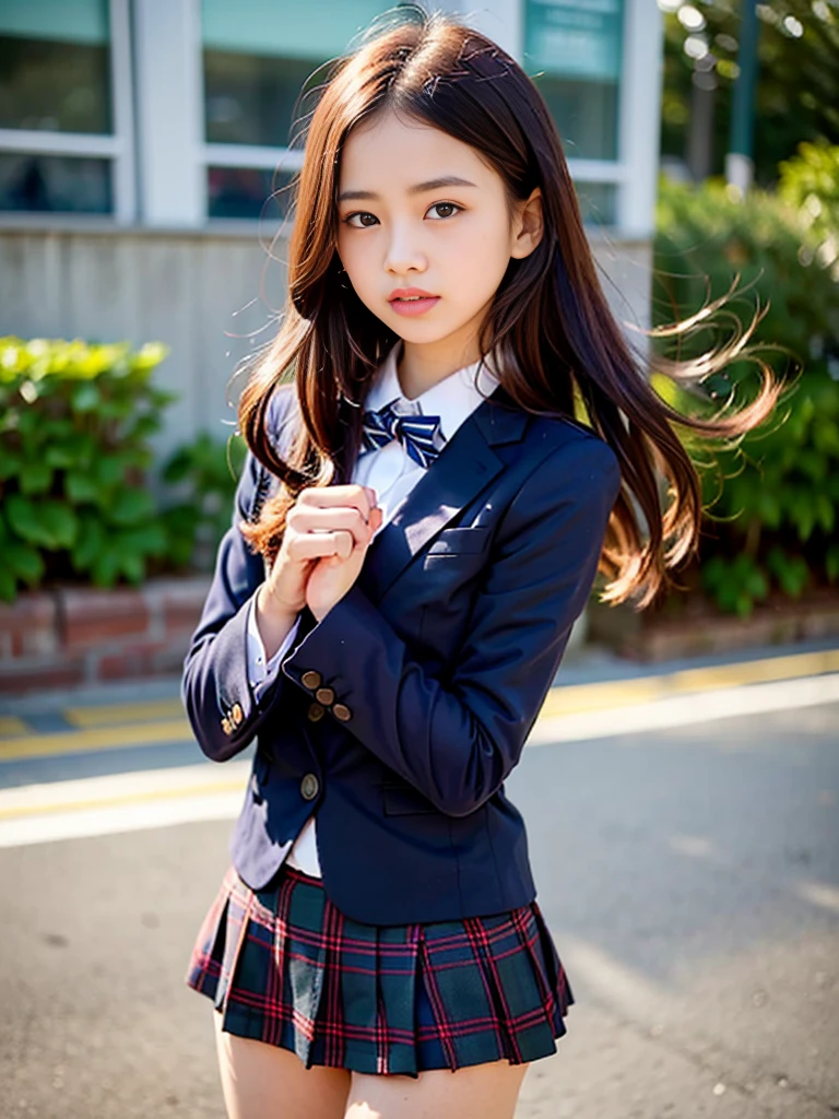 (masterpiece, highest quality:1.4), award-winning portraits, 8K, 85mm, alone, beautiful face, delicate girl, , (dark navy blazer jacket), dark navy skirt, long sleeve, violaces, gardenia, grace, Sophisticated, cute, teen, looking at the viewer, 15 years old, Raw photo, disorganized, HDR, sharp focus, A bow tie, background bokeh、(((flat 、thin and delicate body、A childish atmosphere)))、Her shiny semi-long hair is tied up、hair swaying in the wind、Mole on the left cheek、large, round, dark blue eyes、full body、random pose、Run、sprinting、Skirt fluttering in the wind、Junior idol、Nogizaka Idol、widening skirt、jump、mole under eye、sexy、