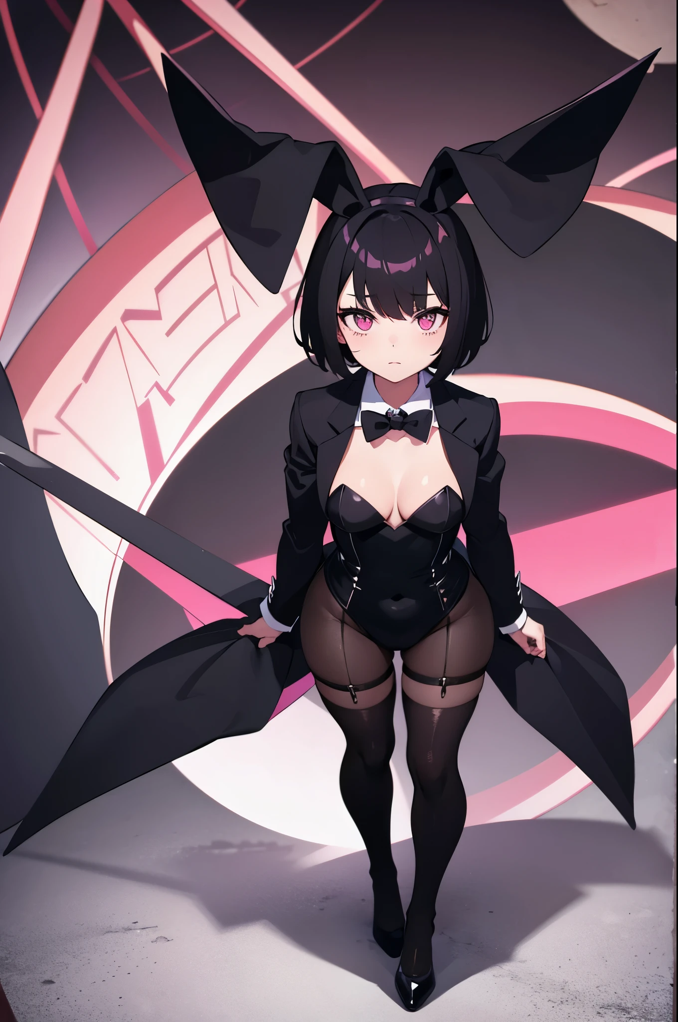 black bunny suit, rabbit hole, short hair, pink eyes, fullbody, standing, hands behind back, stockings