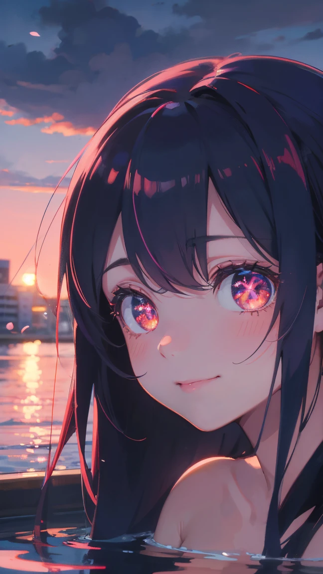 1 anime girl, alone,Black petals flutter, A mysteriously shining butterfly.city,bright pink hair,bright red jewel eyes,twin tails,thin legs,Gloomy cloudy sky,very clear,highest quality,smile,close up of face,Sit in the water,barefoot,cherry blossoms,turn to the side,cherry blossomsミク,beautiful morning,Asahi