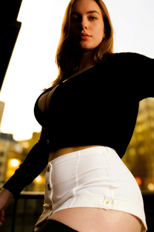 (Obra maestra, 16k,8k,4k ,Ultra detallado:1.2),(1girl:1.1), brunette, standing, Swedish girl, cute, (pale white skin:1.2), (big chest:1.3), (wears a cardigan and a black tight 60s miniskirt:1.4), (large boobs:1.3), (tights and garter:1.3), provocative, ( bursting tshirt:1.3), revealing, low crop,(skinny:1.4), common girl, makeup, gamer girl, outside, night picture, dark, (low light:1.5), night out, nighttime, city lights, clubbing, Reddit pic, Snapchat pic, social media, london, tiktok pose, hands hidden behind, simple clothes, hm, Zara, consistent clothes, fitting clothes, sexy, realistic, high res, real photo, viral, A stunning intricate color close up portrait of (sks woman:1) ,epic character composition, sharp focus, natural lighting, subsurface scattering, f2, 35mm, film grain, by Gregory Crewdson, film grain, high detail