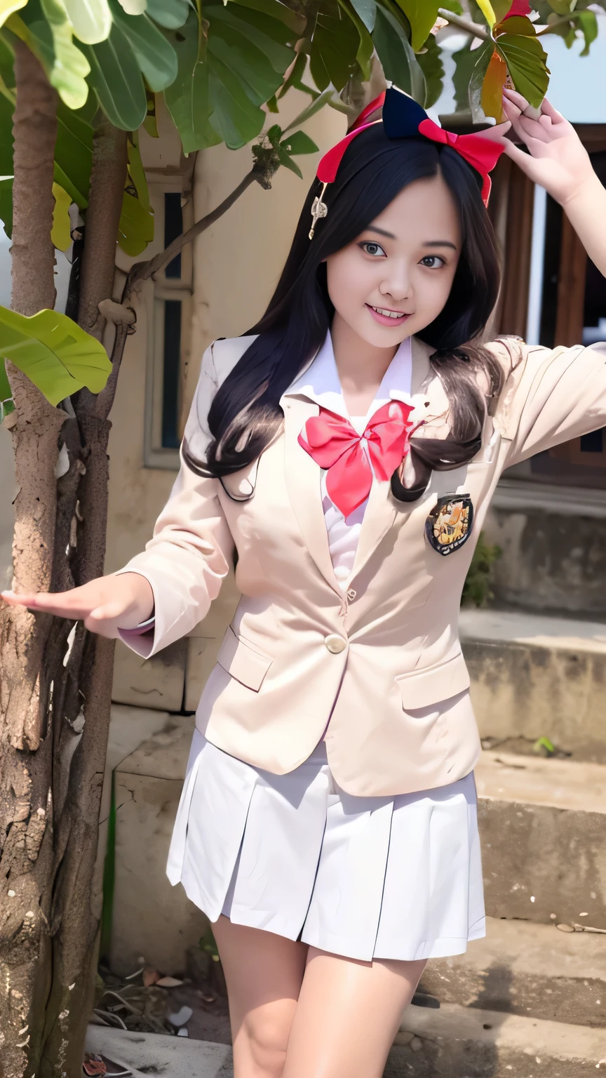 (Girl Standing On School Steps),charming eyes,heartwarming action,turn away from the camera,raise your head,thick long black hair,highly detailed body,highly detailed face,highest quality、(P私NK Underwear),(high school girl),((white blazer、chest emblem))、(white blouse),((red bow tie)),((navy check flare skirt)),(black stockings)、(smile)