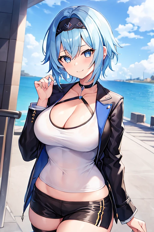 1girl, blue hair, very short hair, eula \(genshin impact\), black jacket, jacket, shirt, white shirt, black headband, headband, large breasts, breasts, thick thighs, mature female, hourglass figure, shorts, short pants, black shorts, urban, smile, normal clothes, simple clothes, happy, light smile, tall, tall female, city, long shirt