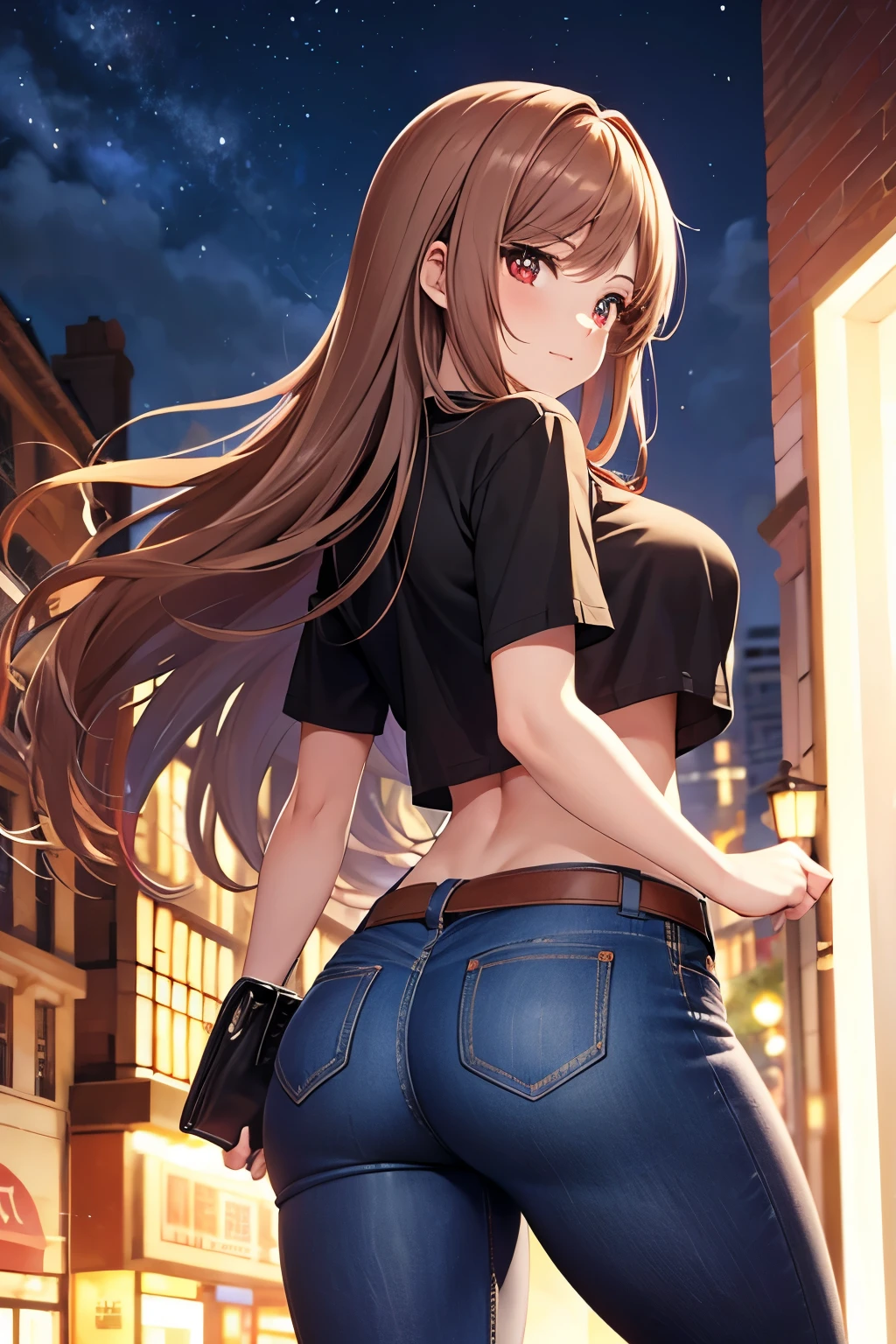 Game , goddess of victory nikke, Rapi , light brown hair,  alluring eyes ,beautiful face , crystal red eyes ,  long hair , women black colour short sleeve cropped top , jeans trousers, leggings,selfie wind, 1 hand bag, cheerful eyes, ,g cup breast, slender waist, bewitching thighs, five fingers each hand, two hand ,two leg , in town, date, standing, beautiful ass, high heels, night ,light district ,back view