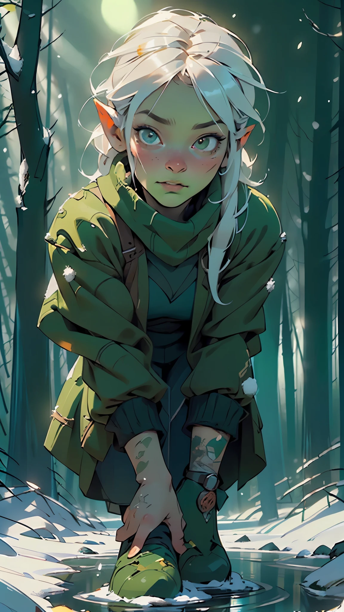 goblin, (((young green-skinned:1.3)), warmly dressed, (winter clothes, medieval clothes) goblin stands in the snow, the goblin is acting as a sentinel. The details of the goblin's warm clothes are visible, showing its worn nature,The green skin of the goblin is vibrant, emphasizing its otherworldly appearance, the goblin is young, about 20 years old, has a sharp, green, smart but slightly menacing face, (nice face, normal green nose, face of a magic adept, goblin face), The color palette is dominated by earthy tones,
(ultra-detailed:1.3), beautiful detailed glow, finely detailed,
(dynamic pose:1.0),(centered,scale to fit dimensions,Rule of thirds),(full body:1.2),
((snowy pine forest at night, dark forest, swamp, murky water, foggy, creepy aura, eerie atmosphere)),with dark stormy clouds,winter,scenery:1.25,intricate scenery,((snow forest background)),
(Glossy winter ornaments),highres,sharp focus,(ultra detailed,extremely detailed),(photorealistic artwork:1.37),(extremely detailed CG unity 8k wallpaper),(((vibrant colors,vibrant theme))),(intricate),(masterpiece),(best quality),artistic photography,(photography taken by sldr),(intricate background),perfect rendered face,perfect face details,realistic face,photo realistic,((intricate detail)),(((realism))),