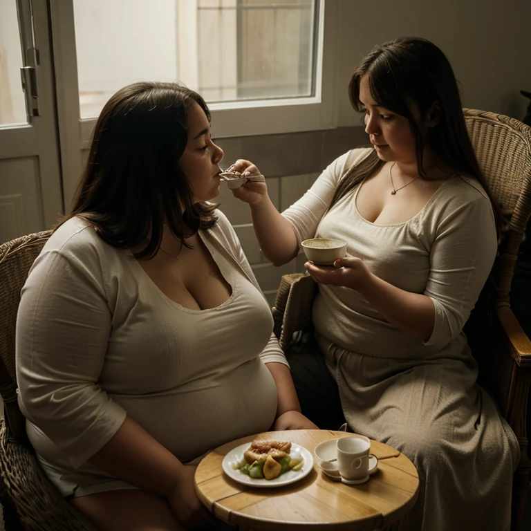 Fatter and who has a companion who is force-feeding her and who is tied in a chair while the other one feeds her and who is very fat 