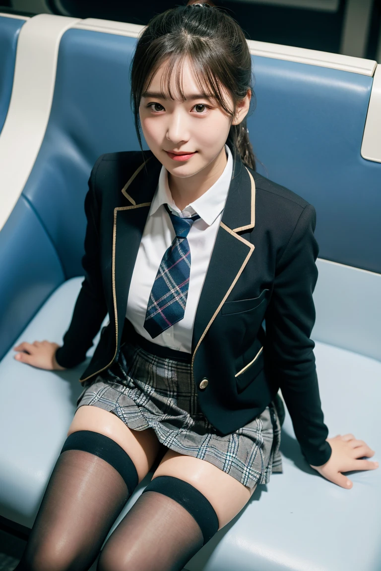 (8K), (highest quality: 1.2), (realistic), (realistic: 1.37), ultra high resolution, 1 girl, cute, smile, closed mouth, beautiful details, beautiful nose, wet hair, giant dulcefo, pork, thighs，Self snap,University Student Uniform,Sitting on a Tokyo train,simple blazer,pleated skirt,(The pattern of the skirt and tie is a tartan check pattern..:1.3),cross your legs, From above,thighs,ponytail,opaque knee high tights