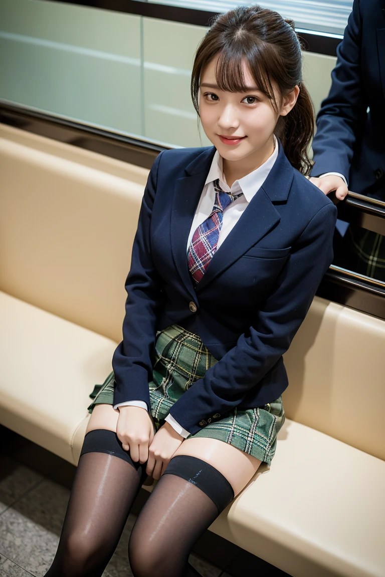 (8K), (highest quality: 1.2), (realistic), (realistic: 1.37), ultra high resolution, 1 girl, cute, smile, closed mouth, beautiful details, beautiful nose, wet hair, giant dulcefo, pork, thighs,Self snap,University Student Uniform,Sitting on a Tokyo train,simple blazer,pleated skirt,(The pattern of the skirt and tie is a tartan check pattern..:1.3),cross your legs, From above,thighs,ponytail,opaque knee high tights