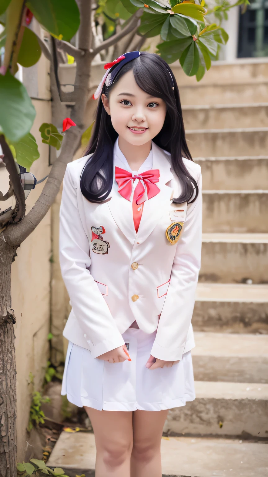 (Girl Standing On School Steps)，charming eyes，heartwarming action，turn away from the camera，raise your head，thick long black hair，highly detailed body，highly detailed face，highest quality、(P私NK Underwear),(high school girl),((white blazer、chest emblem))、(white blouse),((red bow tie)),((navy check flare skirt)),(black stockings)、(smile)