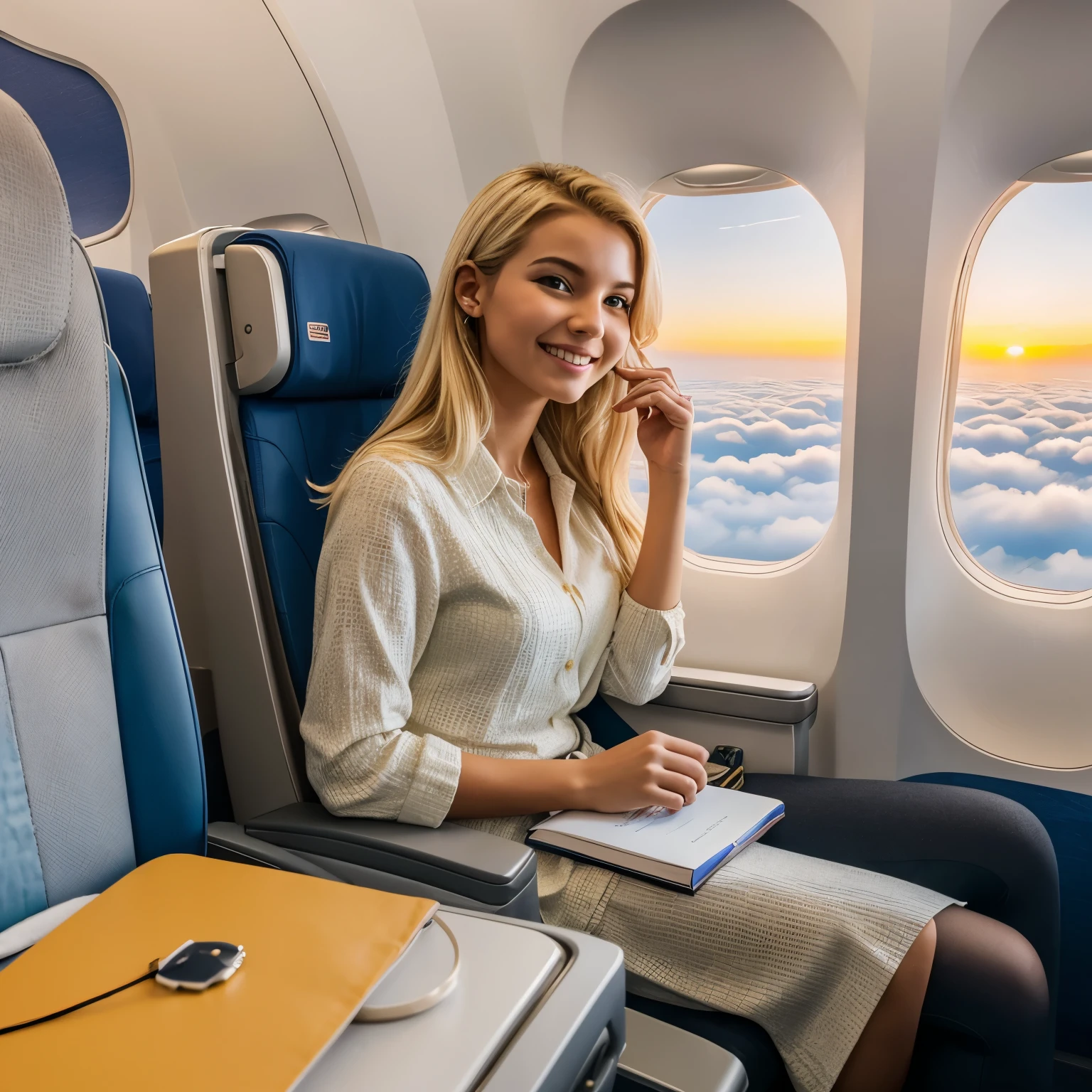 "A blonde young traveler is seated comfortably in her airplane seat, with a bright smile illuminating her face. She gazes out the window at the floating clouds and the setting sun on the horizon, gearing up for her next adventure. Beside her, an elegant carry-on suitcase is ready to accompany her journey. Clad in a relaxed travel outfit and holding a travel book, she is eager to explore the world with enthusiasm and curiosity. The serene ambiance of the airplane promises a trip filled with new discoveries and exciting experiences."