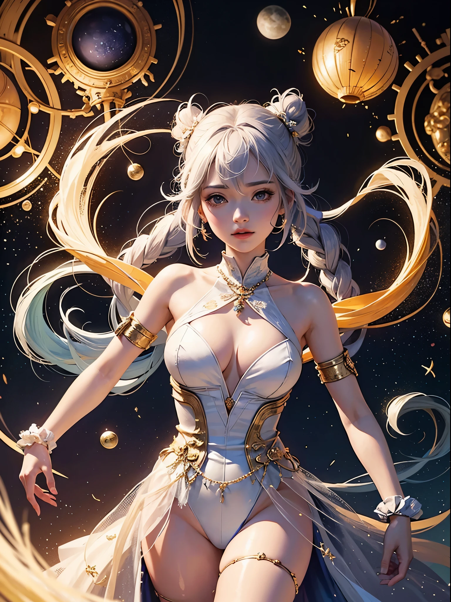 official art, unity 8k wallpaper, Super detailed, beautifully、aesthetically pleasing, master piece, highest quality, (tangled, mandala, crew, mesh), (fractal art: 1.3), 1 Princess of the Moon Serenity, (Hairstyle: 2 dango and 2 long ponytails)Crescent Moon, very detailed, dynamic english, cowboy shot, The most beautiful form of chaos, elegant, brutal designer, bright colors, romanticism, Starlight, Arctic Light