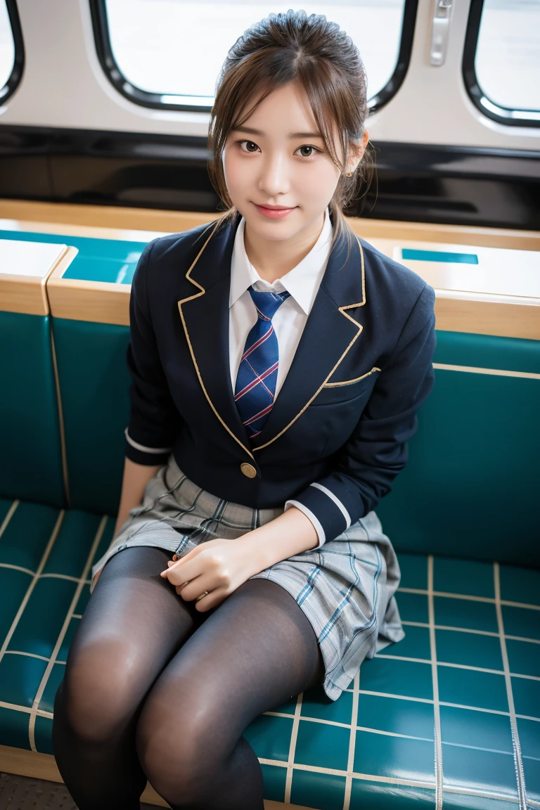 (8K), (highest quality: 1.2), (realistic), (realistic: 1.37), ultra high resolution, 1 girl, cute, smile, closed mouth, beautiful details, beautiful nose, wet hair, giant dulcefo, pork, thighs，Self snap,University Student Uniform,Sitting on a Tokyo train,simple blazer,pleated skirt,(The pattern of the skirt and tie is a tartan check pattern..:1.3),cross your legs, From above,thighs,ponytail,opaque knee high tights