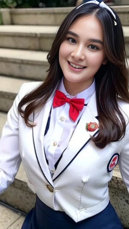 (Girl Standing On School Steps),charming eyes,heartwarming action,turn away from the camera,raise your head,thick long black hair,highly detailed body,highly detailed face,highest quality、(P私NK Underwear),(high school girl),((white blazer、chest emblem))、(white blouse),((red bow tie)),((navy check flare skirt)),(black stockings)、(smile)