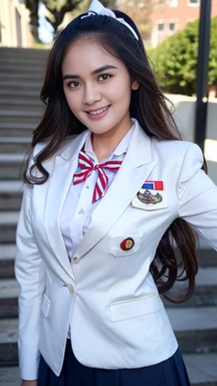 (Girl Standing On School Steps)，charming eyes，heartwarming action，turn away from the camera，raise your head，thick long black hair，highly detailed body，highly detailed face，highest quality、(P私NK Underwear),(high school girl),((white blazer、chest emblem))、(white blouse),((red bow tie)),((navy check flare skirt)),(black stockings)、(smile)