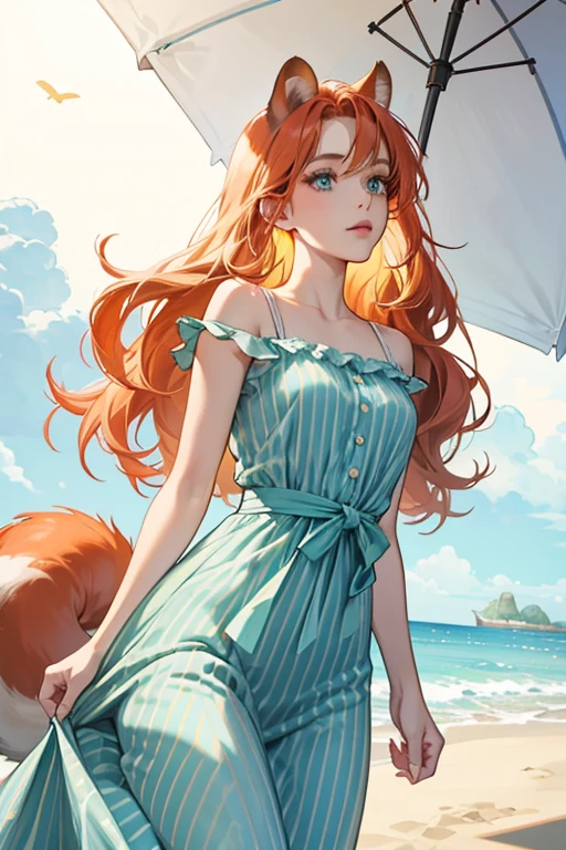 Caroline's appearance has been tweaked slightly since her earlier appearances. Caroline is a dusky pale red squirrel with wavy yellow bangs and large, blue eyes. Her pupils are a darker shade of blue, and she has mint green eyeshadow and winged eyeliner. Her arms and legs are slightly tipped with a cream white, and she has a yellow swirling pinstripe on her tail that matches her hair color. She has a tiny nose that is almost the same color as her face. Her ears are bright red and a peachy, chalky orange on the inside. She initially wears the gelato tee (changed to the striped maxi dress in New Horizons), and carries a beach umbrella on rainy days. SPARKLE; GLITTER