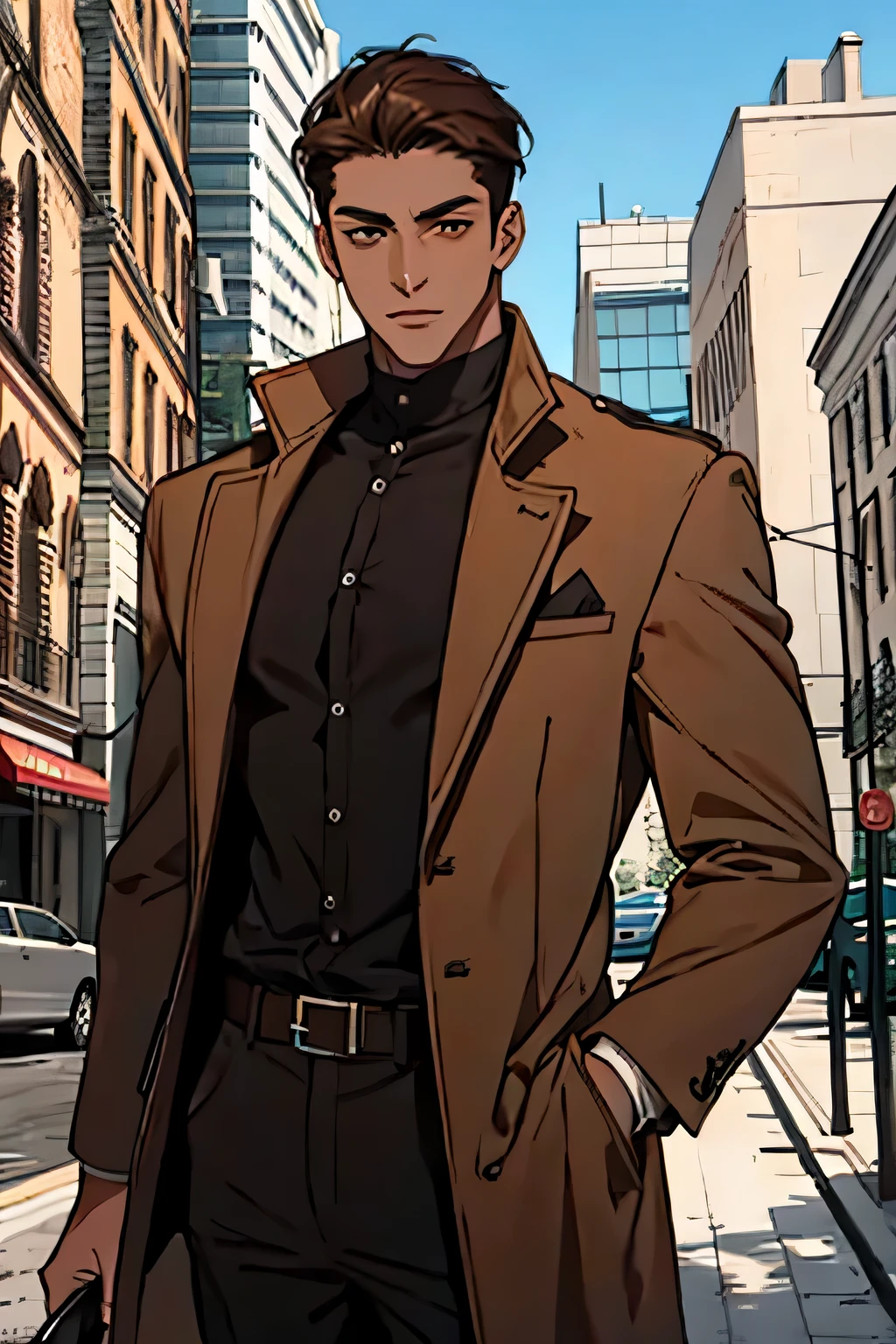 A guy, brown skin, tall, brown jacket, brown hair