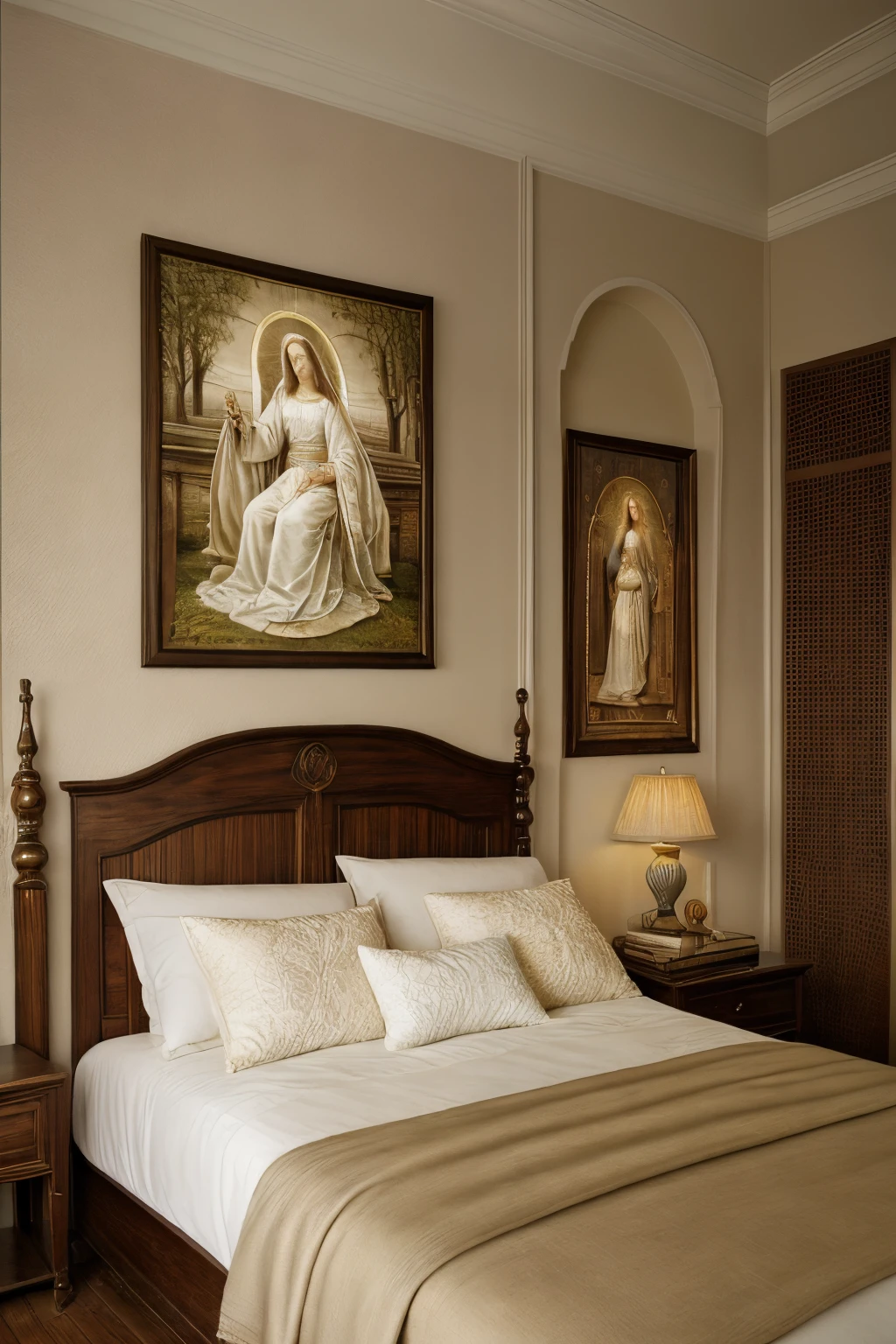 A serene and intimate Christian bedroom, bathed in soft, warm lighting. The walls adorned with intricately detailed, hyper-realistic paintings of the Virgin Mary with a gentle expression, her robe flowing gracefully. Jesus, depicted with a calming gaze, hangs on the wall above the headboard, his robe textured and lifelike. The scene exudes a peaceful, spiritual atmosphere. (Detailed Christian bedroom, Jesus, Maria with hyper-realistic paintings, warm lighting)

Or:

In the heart of the Christian bedroom lies the peacefulness of faith, accentuated by a stunning, hyper-realistic painting of the Virgin Mary. Her beautiful, intricately textured