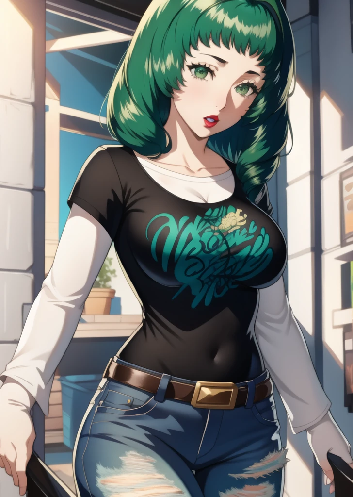 masterpiece, best quality, flayn, green hair, 1girl, solo, standing, black t-shirt, white shirt, jeans, belt, lipstick, large breasts