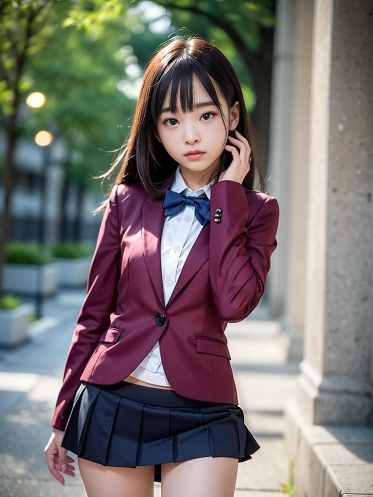 (masterpiece, highest quality:1.4), award-winning portraits, 8K, 85mm, alone, beautiful face, delicate girl, , (dark navy blazer jacket), dark navy skirt, long sleeve, violaces, gardenia, grace, Sophisticated, cute, teen, looking at the viewer, 15 years old, Raw photo, disorganized, HDR, sharp focus, A bow tie, background bokeh、(((flat 、thin and delicate body、A childish atmosphere)))、Her shiny semi-long hair is tied up、hair swaying in the wind、Mole on the left cheek、large, round, dark blue eyes、full body、random pose、Run、sprinting、Skirt fluttering in the wind、Junior idol、Nogizaka Idol、widening skirt、jump、mole under eye、sexy、