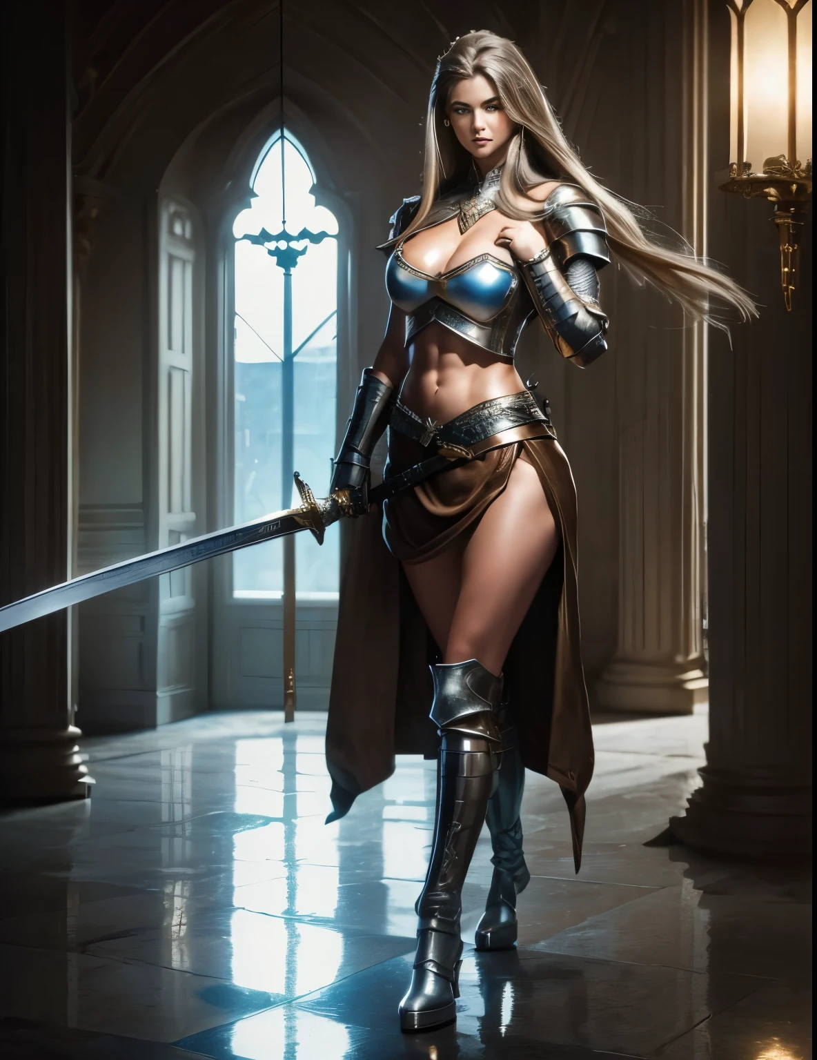 (masterpiece:1.4), best quality, hyper quality, refined rendering, highly detailed, super fine illustration, highres, ultra-detailed, detailed face, stunning art, best aesthetic, amazing, high resolution, UHD, 1girl, (((full body, full body portrait, strong look, haughty expression))), Female knight princess, (mature woman:1.2), (((perfect face, pretty face, frown, encouraged look))) (muscular:1.2), fit, (wearing light armor:1.3, highly decorated armor, delicate details, white mini skirt, intrincate skirt design, leather straps, highly detailed clothes, aromored over knee boots), blue eyes, ((Long hair, platinum brown hair, ponyatil:1.4)), warrior look, Setting is a mediaval town, exposed navel, (abs:1.2, exposed abs), Highly detailed, european, leg muscles, (bulky:1.2), leather straps, (large breasts:1.3), waist up, wide waist, bubble butt, stocky, (tall:1.4), (((holding sword, knight sword, decorated sword))), castle background, depth of field, 8k, sharp focus, fill lighting, indirect ambience lighting,