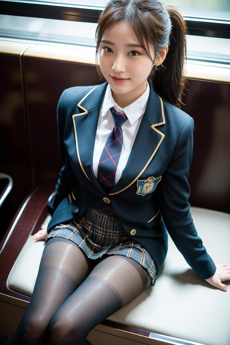 (8K), (highest quality: 1.2), (realistic), (realistic: 1.37), ultra high resolution, 1 girl, cute, smile, closed mouth, beautiful details, beautiful nose, wet hair, giant dulcefo, pork, thighs，Self snap,University Student Uniform,Sitting on a Tokyo train,simple blazer,pleated skirt,(The pattern of the skirt and tie is a tartan check pattern..:1.3),cross your legs, From above,thighs,ponytail,opaque knee high tights