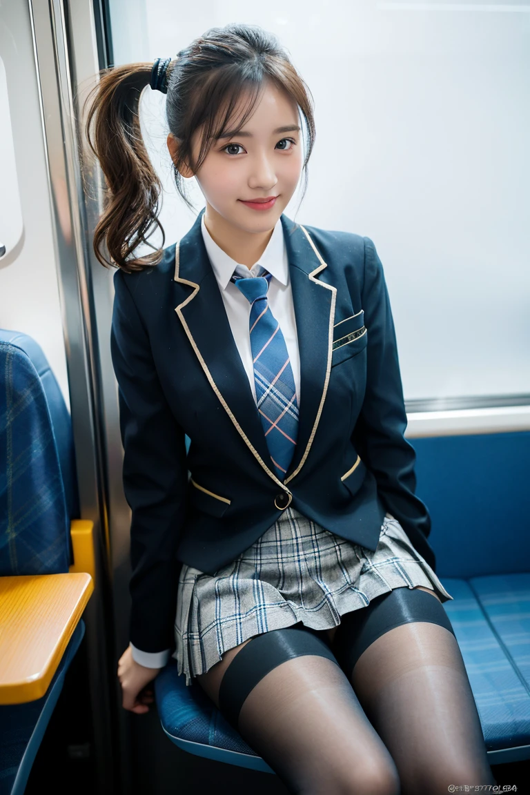 (8K), (highest quality: 1.2), (realistic), (realistic: 1.37), ultra high resolution, 1 girl, cute, smile, closed mouth, beautiful details, beautiful nose, wet hair, giant dulcefo, pork, thighs,Self snap,University Student Uniform,Sitting on a Tokyo train,simple blazer,pleated skirt,(The pattern of the skirt and tie is a tartan check pattern..:1.3),cross your legs, From above,thighs,ponytail,opaque knee high tights