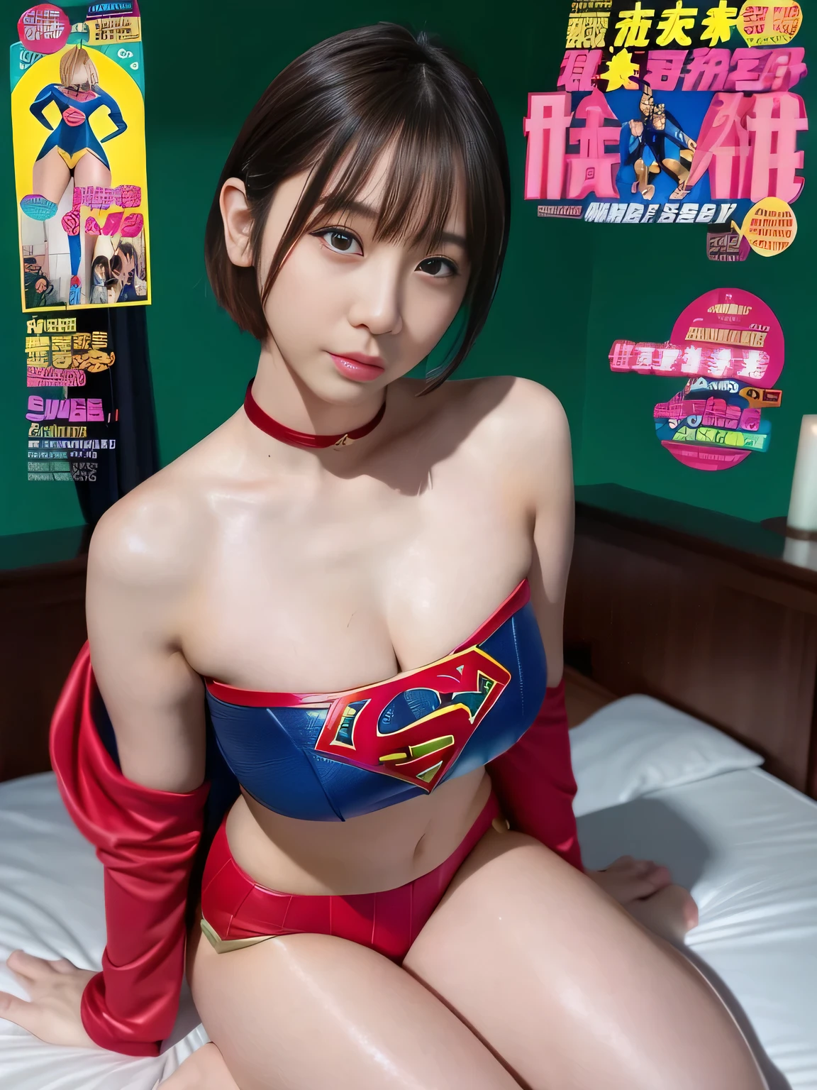 masterpiece、supergirl costume、short hair、barefoot、big and full breasts、Hotel、cum on the bed、Sexy poses to seduce、model body shape、shiny、looking at camera、、choker、long sleeve、red mini skirt、Weekly magazine cover、obscene、sweaty、Radical、off shoulder、Glamorous、