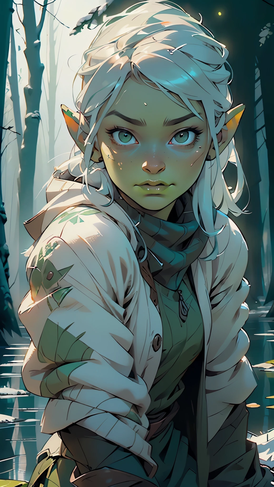 goblin, (((young green-skinned:1.3)), warmly dressed, (winter clothes, medieval clothes), goblin, The details of the goblin's warm clothes are visible, showing its worn nature,The green skin of the goblin is vibrant, emphasizing its otherworldly appearance, the goblin is young, about 20 years old, has a sharp, green, smart but slightly menacing face, (nice face, normal green nose, face of a magic adept, goblin face), The color palette is dominated by earthy tones,
(ultra-detailed:1.3), beautiful detailed glow, finely detailed,
(dynamic pose:1.0),(centered,scale to fit dimensions,Rule of thirds),
((snowy pine forest at night, dark forest, swamp, murky water, foggy, creepy aura, eerie atmosphere)),with dark stormy clouds,winter,scenery:1.25,intricate scenery,((snow forest background)),
(Glossy winter ornaments),highres,sharp focus,(ultra detailed,extremely detailed),(photorealistic artwork:1.37),(extremely detailed CG unity 8k wallpaper),(((vibrant colors,vibrant theme))),(intricate),(masterpiece),(best quality),artistic photography,(photography taken by sldr),(intricate background),perfect rendered face,perfect face details,realistic face,photo realistic,((intricate detail)),(((realism))),