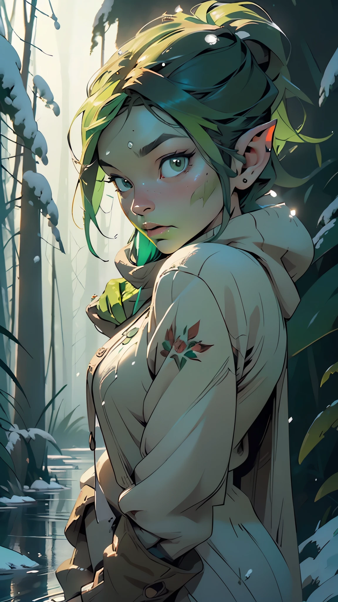 goblin, (((young green-skinned:1.3)), warmly dressed, (winter clothes, medieval clothes), goblin, The details of the goblin's warm clothes are visible, showing its worn nature,The green skin of the goblin is vibrant, emphasizing its otherworldly appearance, the goblin is young, about 20 years old, has a sharp, green, smart but slightly menacing face, (nice face, normal green nose, face of a magic adept, goblin face), The color palette is dominated by earthy tones,
(ultra-detailed:1.3), beautiful detailed glow, finely detailed,
(dynamic pose:1.0),(centered,scale to fit dimensions,Rule of thirds),
((snowy pine forest at night, dark forest, swamp, murky water, foggy, creepy aura, eerie atmosphere)),with dark stormy clouds,winter,scenery:1.25,intricate scenery,((snow forest background)),
(Glossy winter ornaments),highres,sharp focus,(ultra detailed,extremely detailed),(photorealistic artwork:1.37),(extremely detailed CG unity 8k wallpaper),(((vibrant colors,vibrant theme))),(intricate),(masterpiece),(best quality),artistic photography,(photography taken by sldr),(intricate background),perfect rendered face,perfect face details,realistic face,photo realistic,((intricate detail)),(((realism))),