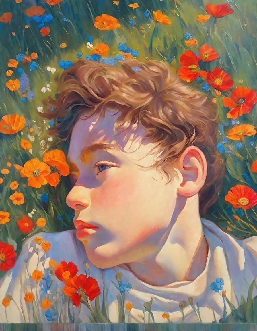 Boy lying on the lawn with flowers covering him, oil painting, greek style
