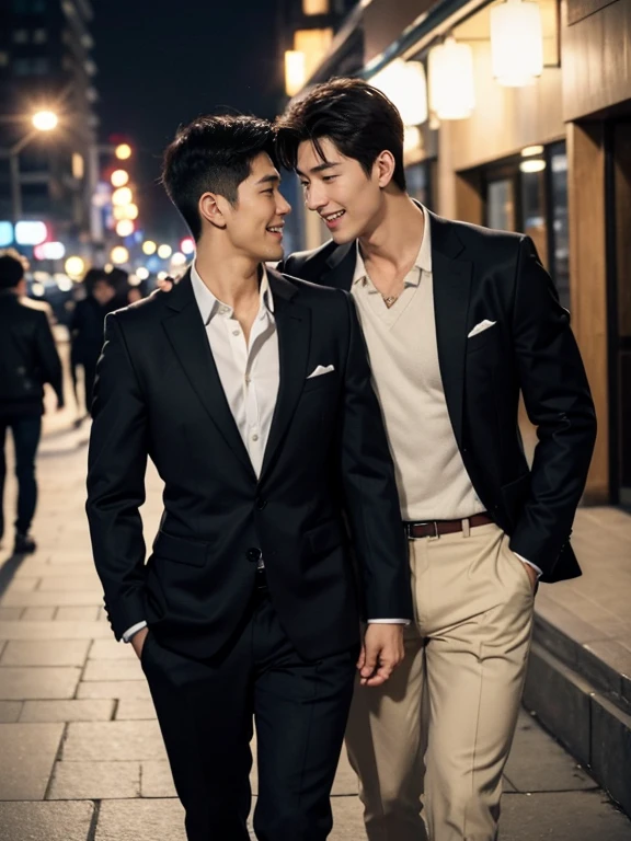 masterpiece, best quality, 4k, sexy and tall handsome 30 year old korean man, mature facial features and bodybuilder build, hugging an athletic cute 25 year old korean man, they are very fashionable, brown hair, exposed chest, vpl, big bulge, looking at each other, laughing, walking by convenience stores, at night, waving to camera, very busy surroundings, pedestrians smiling widely at them, very dim lighting, romantic atmosphere, gay, homosexual, homoerotic, romantic atmosphere, intricate details, highly detailed, award-winning shot