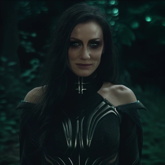 Best_QualityPos, RAW photo, intricate details, best quality, 8k uhd, soft lighting, 1girl, solo, black hair, long hair, armor, bare shoulders, Blue eyes, forest