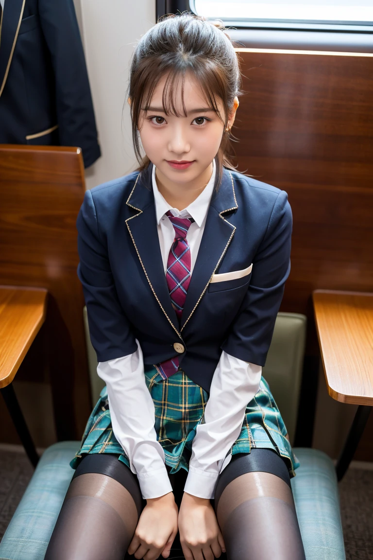 (8K), (highest quality: 1.2), (realistic), (realistic: 1.37), ultra high resolution, 1 girl, cute, smile, closed mouth, beautiful details, beautiful nose, wet hair, giant dulcefo, pork, thighs,Self snap,University Student Uniform,Sitting on a Tokyo train,simple blazer,pleated skirt,(The pattern of the skirt and tie is a tartan check pattern..:1.3),cross your legs, From above,thighs,ponytail,opaque knee high tights