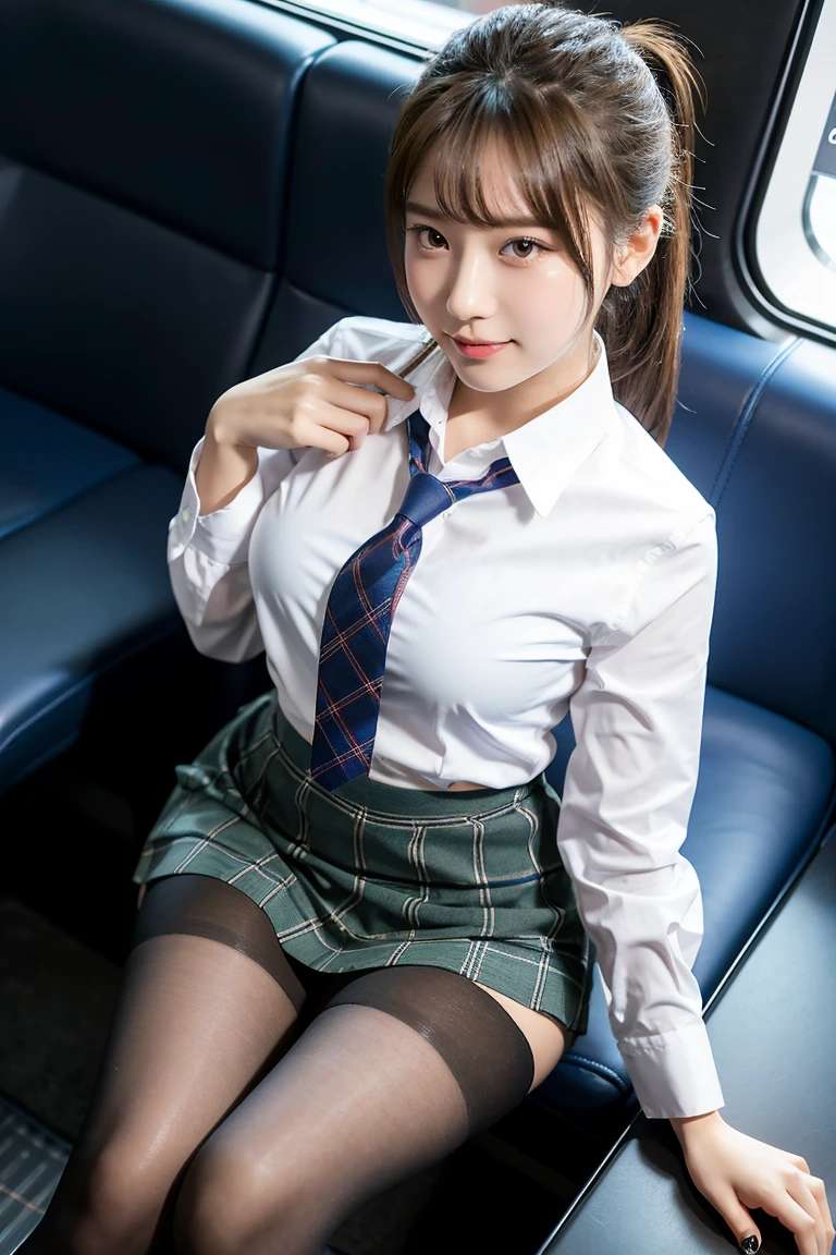 (8K), (highest quality: 1.2), (realistic), (realistic: 1.37), ultra high resolution, 1 girl, cute, smile, closed mouth, beautiful details, beautiful nose, wet hair, giant dulcefo, pork, thighs,Self snap,University Student Uniform,Sitting on a Tokyo train,simple blazer,pleated skirt,(The pattern of the skirt and tie is a tartan check pattern..:1.3),cross your legs, From above,thighs,ponytail,opaque knee high tights
