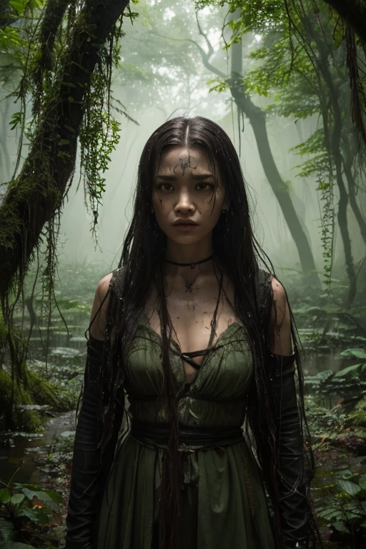 A boy with long black hair, yellow eyes, cut scars on his mouth, a brown tunic with green details, in a forest full of lizards.