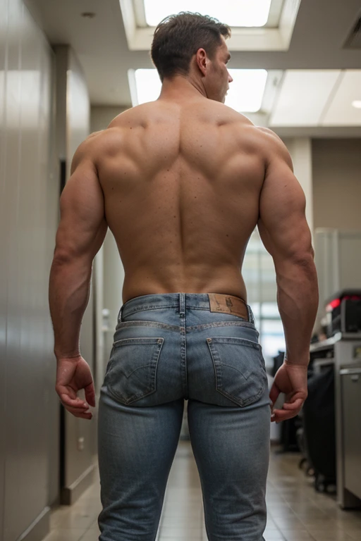 an impressive realistic photo of big muscular manly man, 35 years old, full length,with his back turned, naked tigth silver jeans with Bubble butt