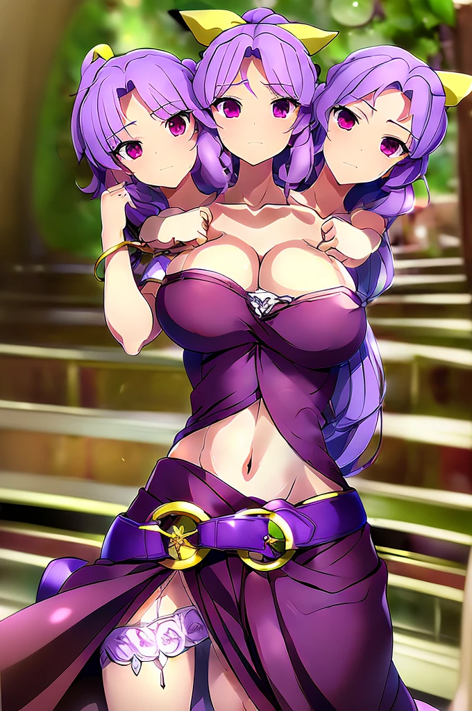 (masterpiece, best quality), best quality, (ultra-detailed), (3heads:1.5), 1girl, (watatsuki no yorihime:1.3), masterpiece, best quality, ultra quality, ultra resolution, ultra detail, dark red top, small crop top, ((stomach)), midriff, ((groin)), open midriff, dark red skirt, miniskirt, normal ears, shackles, light purple hair, tied into a ponytail, very long hair, wavy hair, sidelocks, purple eyes, parted lips, sweat, cute, open belly, toned belly, hand on own chest, eyelashes, (24 year old woman:1.3), (masterpiece:1.5), (best quality:1.5), (beautiful detailed), extremely detailed CG, extremely delicate and beautiful, depth of field, (finely detailed face), (perfect details:1.2), (mature female:1.3), wide pelvis, slender, large veiny breast, 16k resolution, highres, very high quality, very high definition, extremely detailed, masterpiece, light purple hair, long hair, alluring presence, braid, short skirt, close up, big tits, young, white bonnet, red bow, open belly, midriff, nsfw,
