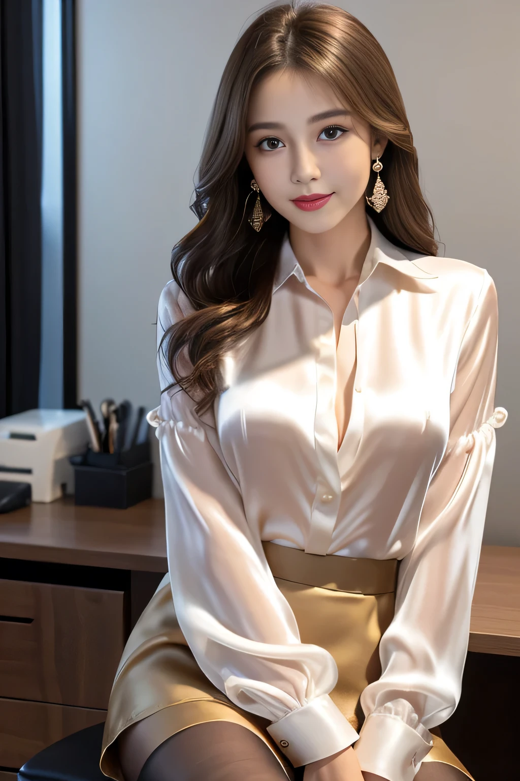 Ulchan-6500-v1.1, (Raw photo:1.2), (Photoreal), (See-through:1.3), (genuine:1.4), 1with a girl、25 years old、game_nffsw, big eyes(eye), smile of shame、brown semi-long hair、curly hair、pretty girl、(Elegant silk blouse:1.3), (super realistic pantyhose:1.2), (mini skirt:1.2), sitting in the office and working at the desk、realistic skin texture、shiny skin、big earrings、thin lips