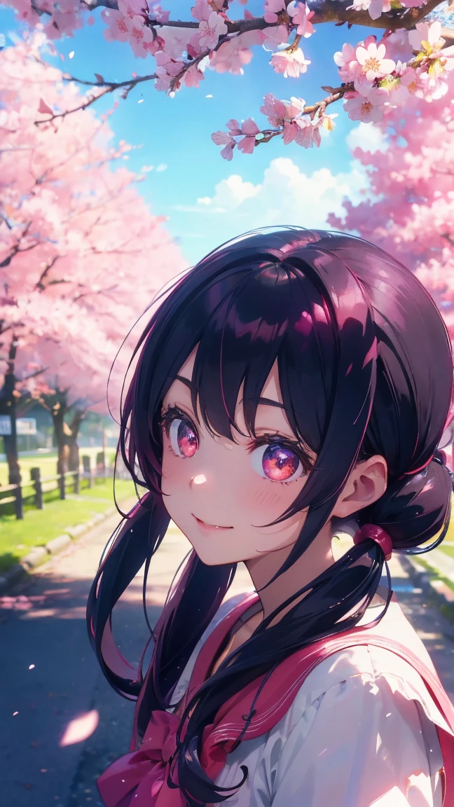 1 anime girl, alone,Black petals flutter, A mysteriously shining butterfly.city,bright pink hair,bright red jewel eyes,twin tails,thin legs,very clear,highest quality,smile,close up of face,cherry blossoms並木に立っている,cherry blossoms,turn to the side,cherry blossomsミク,beautiful morning,Asahi