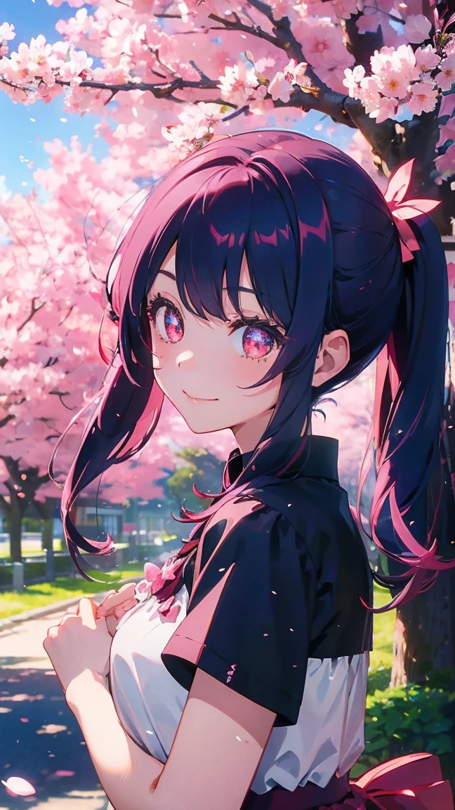1 anime girl, alone,Black petals flutter, A mysteriously shining butterfly.city,bright pink hair,bright red jewel eyes,twin tails,thin legs,very clear,highest quality,smile,close up of face,cherry blossoms並木に立っている,cherry blossoms,turn to the side,cherry blossomsミク,beautiful morning,Asahi