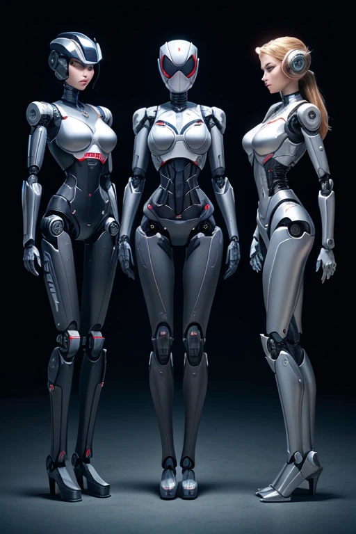 Three female robots
perfect face
The face is a human woman
They are looking at each other's bodies
The female robot in the middle is shy.
whole body mechanics
Everything except the face is machine
Internal skeleton fully visible
The height difference between the female robot in the middle is a little shorter.
The female robot on the left has mermaid-like legs and tires.
The female robot in the middle has spider-like legs with tires on each leg.
The female robot on the right has three tripod-like legs and tires on all legs.
maintenance shop